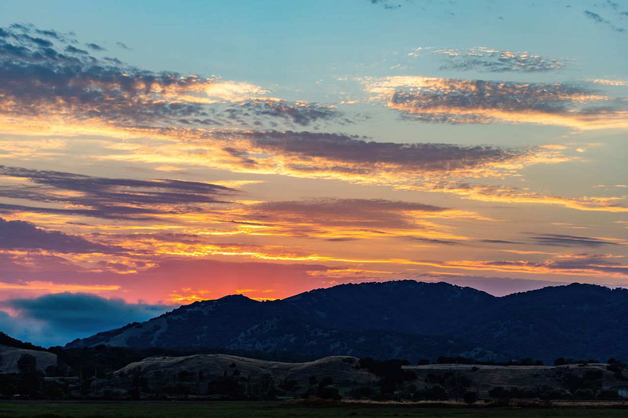 Vibrant sunset over mountains with colorful clouds in a stunning twilight scene.